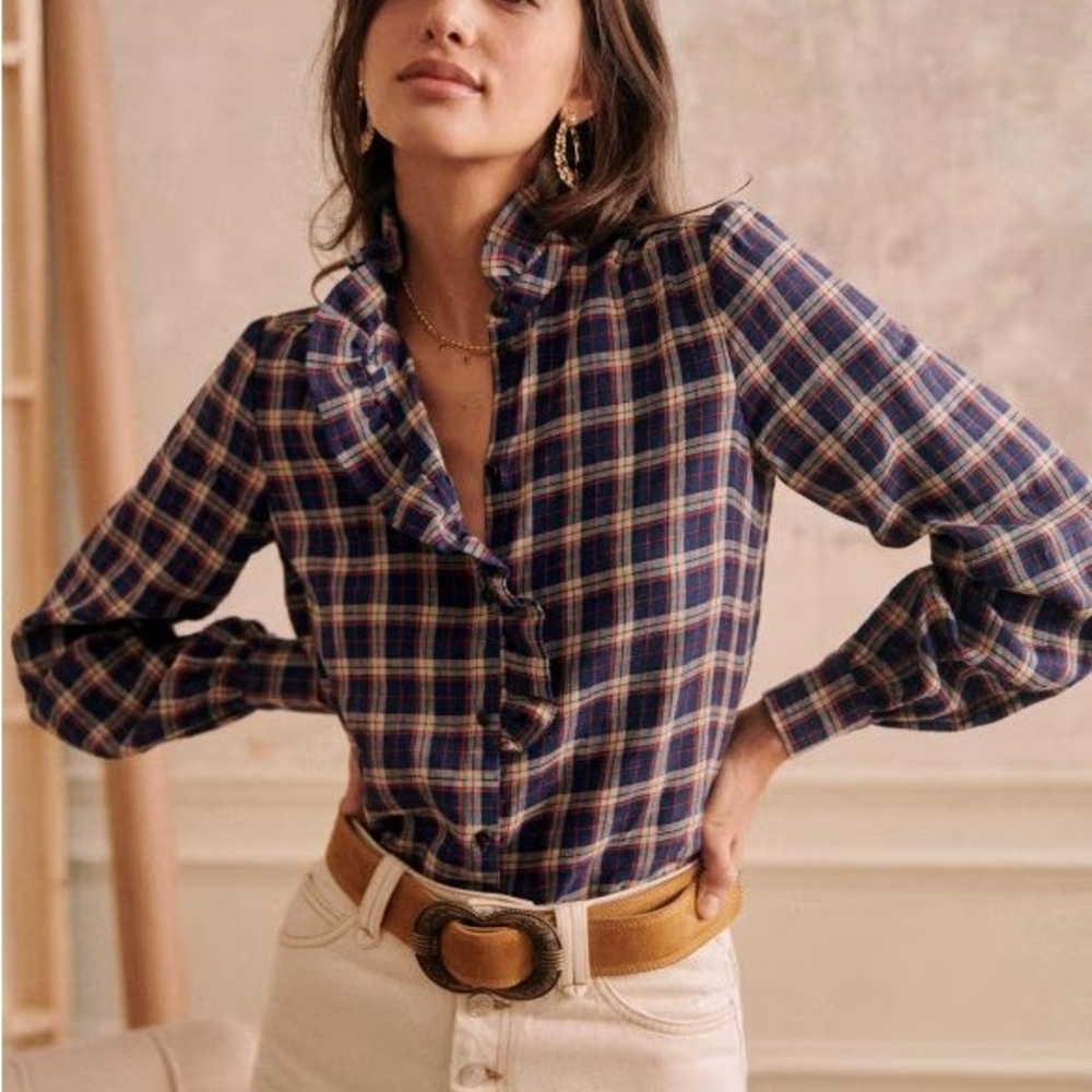SEZANE Chlo Plaid Ruffle Shirt